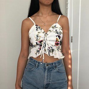White floral crop top tank with bow tie / shirred smock